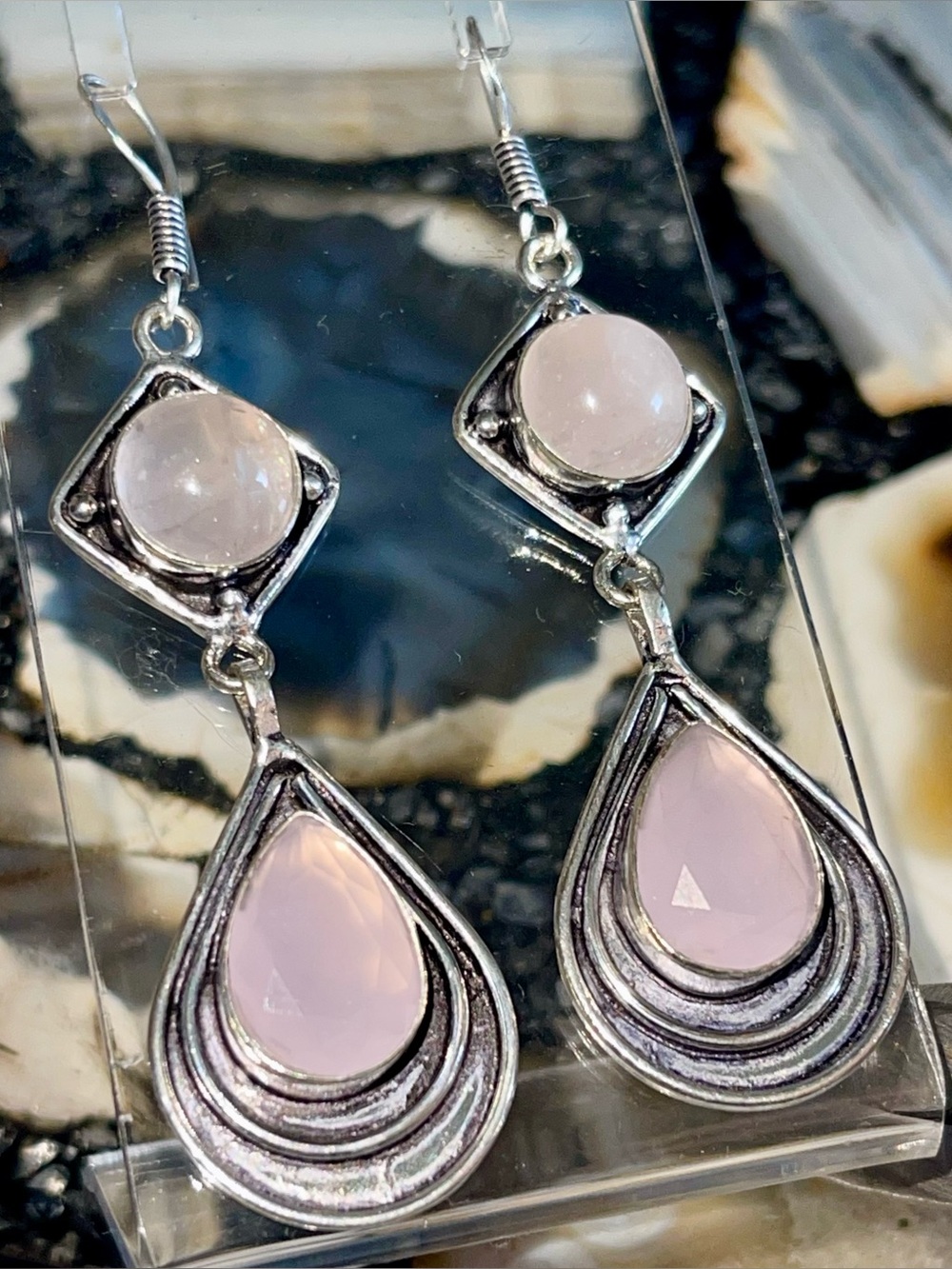 Rose Quartz “Stone of Pure Love” & Pink Chalcedony Earrings 2 1/2”